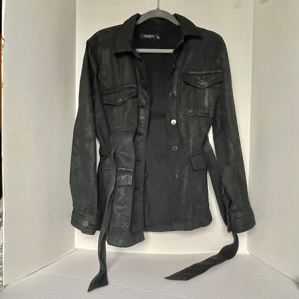 Ralph Lauren Utility Jacket Womens Black 14 Coated Denim Trucker Belted Field - Picture 4 of 10